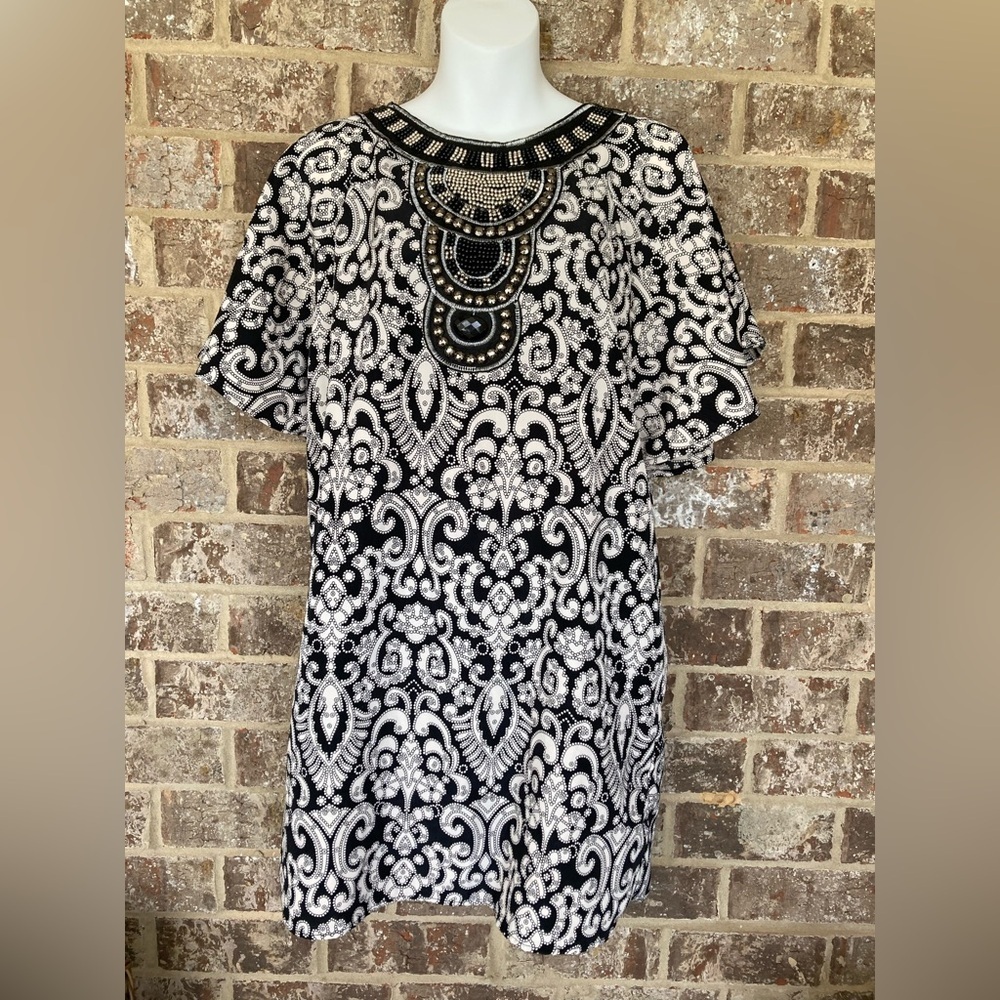 Dina Be Black & White Paisley Beaded Flutter Sleeves Sz M Dress